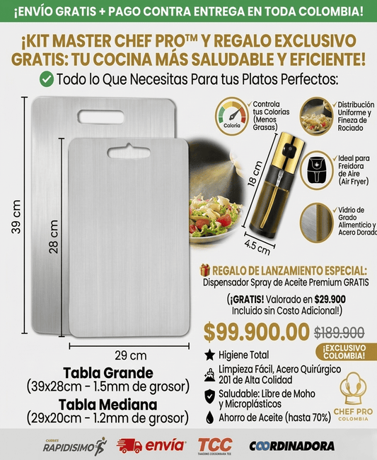 KIT MASTER CHEF PRO™: 2 Tablas de Acero Quirúrgico + Spray de Aceite Premium GRATIS