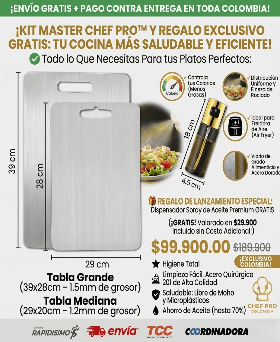 KIT MASTER CHEF PRO™: 2 Tablas de Acero Quirúrgico + Spray de Aceite Premium GRATIS